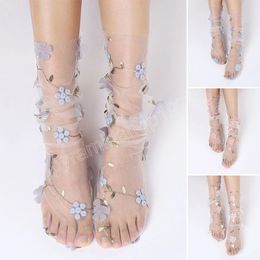 Fashion 3D Flower Lace Socks Women Transparent Long Tulle Socks Female Summer Ultra-thin Socks Girl Dress Calcetines Medias