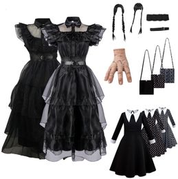 Cosplay Movie Wednesday Addams Cosplay Girls Dress Zombie Prom Party Dark Lolita Princess Dresses for Kids Female Carnival Costume Wig 230606