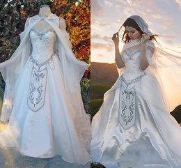 Mediaeval Wedding Dresses Elven Cape Hood Fairy Long Sleeves lace embroidery Renaissance Fantasy Victorian Bride Gown