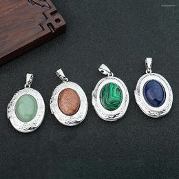 Pendant Necklaces Geometry Oval Inlay Aventurine Agate Crystal Quartz Metal Trim Opened Po Sticker Frame Woman Necklace Dangle Jewellery