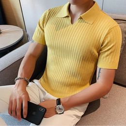 Men's Polos Spring Summer Knit Polo Shirt Men Casual Turn-down Collar Button-up Fashion Striped Solid Colour Tops Men Fashion Slim Polo 230606