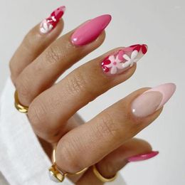 False Nails 24Pcs Pink Flower Almond Simple With Glue French Design Wearable Fake Artificial Press On Tips