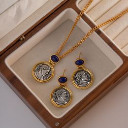 Classic Vintage French Vintage Necklace Ancient Coin Inlaid with Lapis lazuli Figure Necklace Earrings Luxury Jewellery Ehfg88