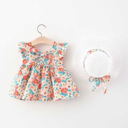 Girl's Dresses Baby Girl Idyllic Princess Dress Summer New Small Flying Sleeves Flower Sleeveless Beach Hat Kids Clothing