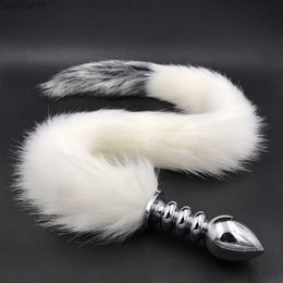 Long 80cm White And Gray Fox Tail Anal Plug Metal Sex Toy Anal Toys Erotic Butt Plug Sex Toys for Woman And Men Sexy Adult L230518