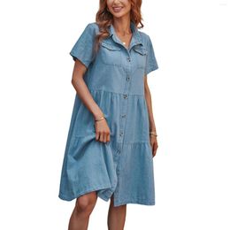 Casual Dresses Denim Maxi Dress Summer Women Lapel Neck Short Sleeve Loose Beach Party Vintage Midi 2023