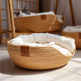 kennels pens Yokee Pet Cat Mat Dog Bed Sofa Handmade Bamboo Weaving Four Season Cosy Nest Baskets Waterproof Removable Cushion Sleeping House 230606