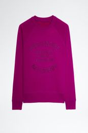 24ss Zadig Voltaire New Trend Designer Sweatshirt Slim Letter Embroidery Vintage Print Round Neck Cotton Light Purple Women Loose Pullover Hoodie Sweater Tops zv