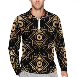 Men's Polos Retro Evil Eye Polo Shirts Black And Gold Zipper Casual Shirt Long Sleeve Turn-Down Collar Trendy Graphic Oversized T-Shirts