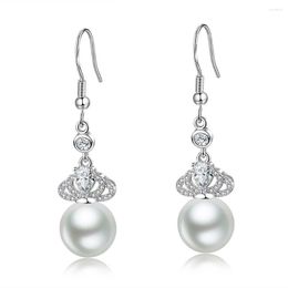 Dangle Earrings Elegant Pearl & Crystal Zircon Diamonds Gemstones Crown Drop For Women 18k White Gold Silver Color Jewelry Brincos