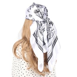 Sarongs Silk Scarf Black White Retro HipHop Women Hair Band Soft Neckerchief Vintage Headscarf Female Pashmina Bandana 90X90CM Foulard 230605