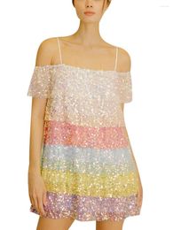 Casual Dresses Women Shiny Sequins Layered Mini Dress Sleeveless Backless Colorful Patchwork Ruffle Mesh Tulle Party