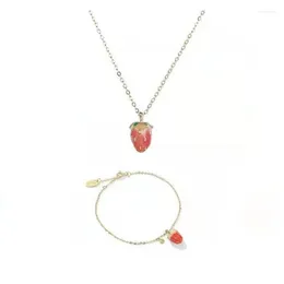 Necklace Earrings Set The Fashionously Fresh Plated Gold Enamel Strawberry And Hand Catenary Jewellery