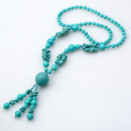 Pendant Necklaces Handmade Weave Irregular Shape Green Turquoises Stone Long Beads Chain Necklace Ethnic Style Jewellery