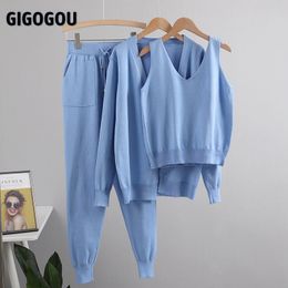 Women's Two Piece Pants GIGOGOU Women Tracksuits Chic 3 Piece Set Costume Knitted Solid Lounge Suit Cardigan Sweater Jogger Pants Sleeveless Tank Top 230607