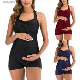 Maternity Swimwears Women Maternity Swimwear 2022 New Bikini Solid Colour Pregnancy Swimsuit Pleated Gathered Bathing Suit T230607