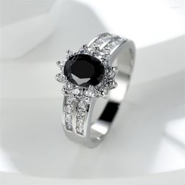 Wedding Rings Boho Female Black Stone Oval Flower For Women Silver Colour Zircon Bands Vintage Party Charm Ring Womens Jewellery CZ