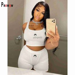 Women's Two Piece Pants Prowow Moon Print Women Clothing Set Cropped Vest Tops Shorts Two Piece Summer Workout Sweat Suits White Colour Ribbed Outfits J230607