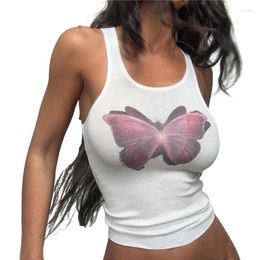 Women's Tanks Y2k Tank Top Women Fairy Grunge Clothes Butterfly Print Round Neck Sleeveless Ribbed Tshirt 2000s Clothing Casual Streetwear