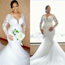 2021 Plus Size Lace Wedding Dresses Arabic Aso Ebi Long Sleeves Bridal Gowns Sheer Neck Zip Back Sweep Train Plus Size Marriage Dr247w