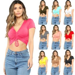 2023 Designer Sexy V Neck Cropped Tank Tops Summer Women Drawstring Tie Up Front T-shirts Casual Short Sleeve Solid Tees Streetwear Bulk Wholesale Clothes