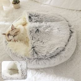 Cat Beds Furniture Winter Long Plush Pet Bed Round Cushion House Warm Basket Sleep Bag Nest Kennel 2 In 1 For Small Dog 230606