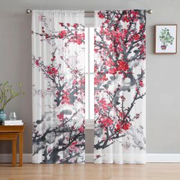 Curtain Ink Plum Blossom Flower Plant Tulle Sheer Curtains For Living Room Decoration Window Bedroom Voile Organza Drapes