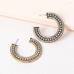 Stud Earrings Retro Exaggerated Vintage Bronze Geometric C-shaped For Women Big White Beads Chain Ear Fashion Party Jewellery