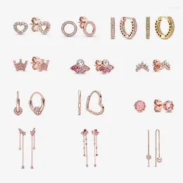 Dangle Earrings Pan-Style 925 Silver Tassel Korean Fashion Simple Female Pink Crown Rose Gold Full Diamond