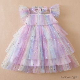 Girl's Dresses Girls Sequin Princess Dress Fly Sleeve Layered Children Mesh Birthday Party Gowns Baby Casual Clothes R230607