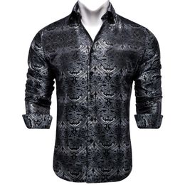 Black Silver Paisley Luxury Silk Shirts for Men Long Sleeve Polyster Social Dress Shirt Tuxedo Wedding Party Men