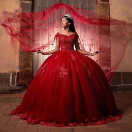 2023 Exquiste Sexy Quinceanera Dresses Dark Red Sequined Lace Appliques Crystal Beads Off Shoulder Tulle Plus Size Formal Party Prom Evening Gowns