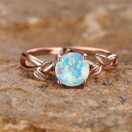 Wedding Rings White Fire Opal Round Stone Ring Antique Branch Leaf Thin For Women Rose Gold Color Jewelry Bridal Engagement