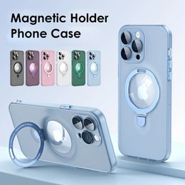 Slim Matte Transparent Phone Cases For iPhone 15 14 13 12 Pro Max 11 ProMax Magsafe Wireless Charging Magnetic Stand with Full Lens Glsss Protector Hard PC Back Cover