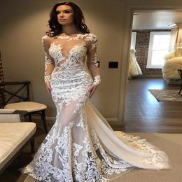 Illusion Romantic New See Through Lace Mermaid Wedding Dresses Long Sleeve Bridal Gowns Sexy Appliques Tulle Custom Made Transpare219U