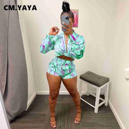 Women's Two Piece Pants CMYAYA Wave Paisley Women Shorts Suit and Long Sleeve Shirt Top Street Blouses Tracksuit INS Two 2 Piece Set 2022 Summer Outfits J230607