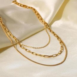 Pendant Necklaces Ins Retro Style 18K Gold Plated Paper Clip Box Chain Stainless Steel Bracelet Titanium Necklace Ring Three-Layer Ornament