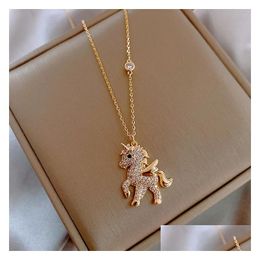 Pendant Necklaces Korean Personality Simple Rhinestones Unicorn Necklace Temperament Sweet Girl Women Fashion Jewellery Accessories Dr Dhty3