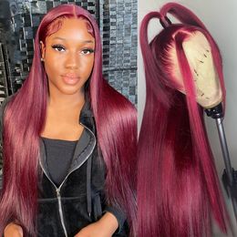 Straight Bury Front Human Hair 13X4 Frontal Wig Wine Red Transparent Lace Synthetic Wigs For Women Preplucked al s