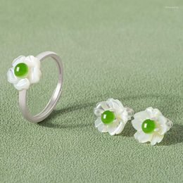 Cluster Rings Natural An Jade Jasper Shell Ring Stud Set S925 Silver Inlaid Fashion High-end Women's Hand Earrings Jewelry Drop