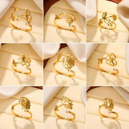 Wedding Rings Fine Birth Month Flower Ring Women Stainless Steel Gold Colour Carnation Rose Daisy Opening Aesthetic Jewellery Birthday Gifts