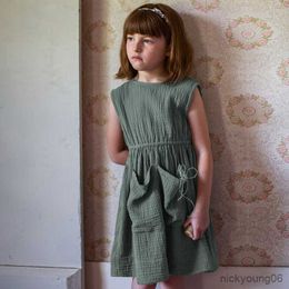 Girl's Dresses Cotton Double Gauze Retro Girls Sleeveless Dress With Pockets New Baby Girl Casual Holiday Summer TZ146 R230607