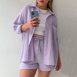 Women's Two Piece Pants Fashion women's two-piece set unique pleated collar shirt and shorts summer casual long sleeves high waisted shorts