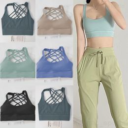 Lu Align Lu Girl Yoga Sports Tank Vest Cross Back Exercise Bra Sleeveless Shockproof Yogas Vest Stretch Solid Colour Jogging Top Underwear Gym Lingerie