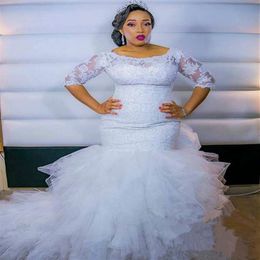 Plus Size African Wedding Dresses 2019 New Design Custom Made Court Train 3 4 Long Sleeve Ruffled Tulle Lace Mermaid Bridal Gowns 246x