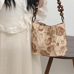 Abendtaschen Damenhandtasche Jacquard Stoff Unterarm Chinesischer Stil Massiver Griff Vintage Tote Sommer Braun Holzperlen Eimer