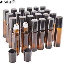 Fragrance AiceBeu 10/20 Pcs 10 ml Amber Glass Roller Bottle Bottles with Removable Stainless Steel Roller Ball for Essential Oil Perfume L230523