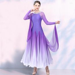 Stage Wear 4 Colors Long Sleeved Ballroom Dance Dress Gradient Rhinestones Competition Tango Waltz Dancing Clothes Prom VDB680