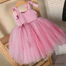 Girl's Dresses Summer Girl Tulle Dress Princess Party Fluffy Pearl Kids Wedding Evening Gown Children Clothing Baby Clothes Vestidos R230607