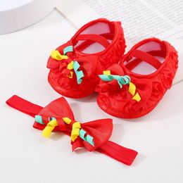 First Walkers Baby Shoes Soft Soled Toddler Floral Bowknot Dress Baptism Princess With Headband 2Pcs Outfits